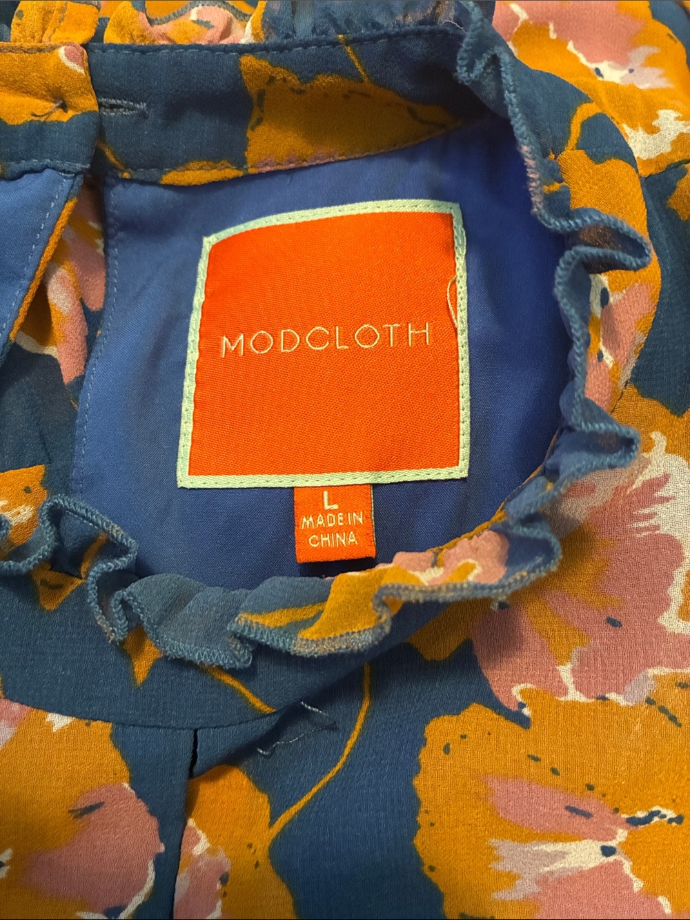 Modcloth Blue/Orange Floral Sleeveless Ruffle Midi Dress Size Large - Picture 5 of 5